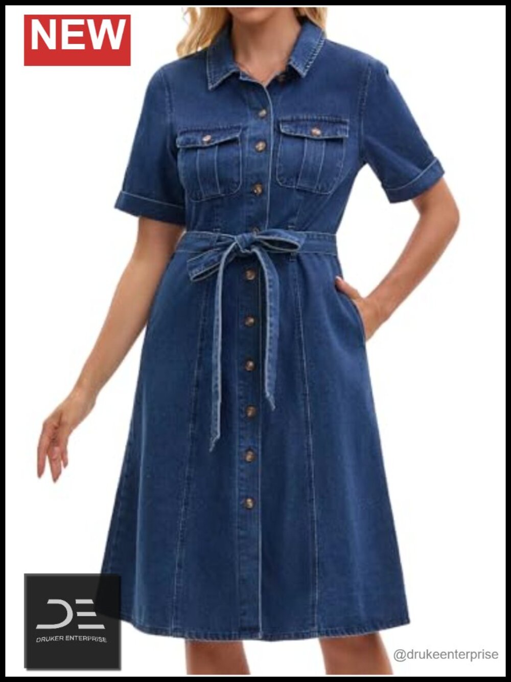 Womens Short Sleeve Denim Dress A-Line Midi Button Down Belted Cotton Blend